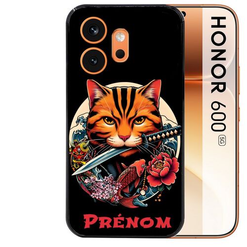 Coque noire pour HONOR 600 5G motif chat carpe koii japan personnalisee
