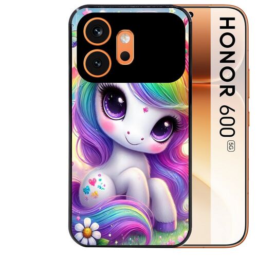 Coque noire pour HONOR 600 5G motif licorne et fleurs