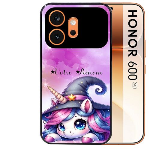 Coque noire pour HONOR 600 5G motif licorne magic avec prenom