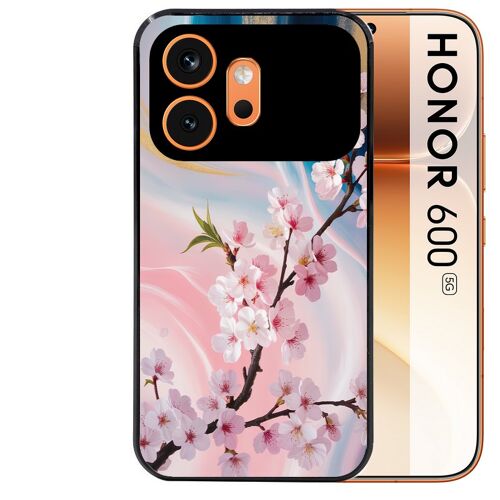 Coque noire pour HONOR 600 5G marbre fleur cerisier