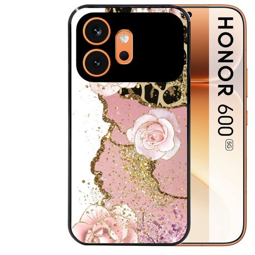 Coque noire pour HONOR 600 5G marbre fleur leopard