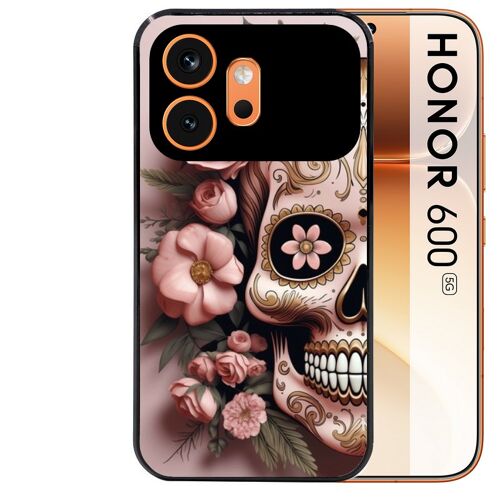 Coque noire pour HONOR 600 5G tete de mort calavera rose