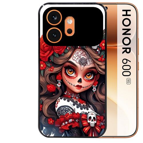 Coque noire pour HONOR 600 5G tete de mort calavera rouge