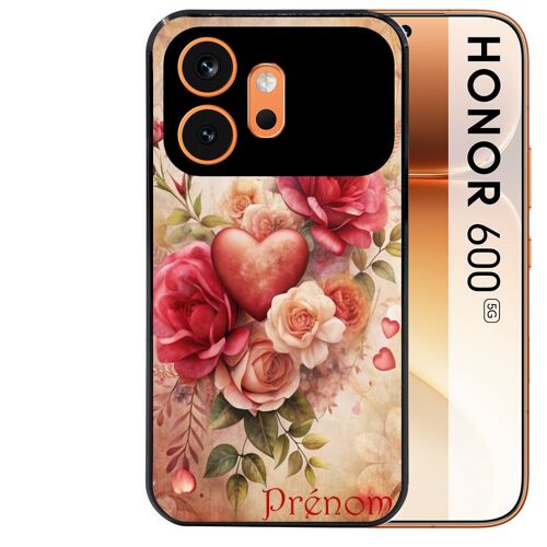 Coque noire pour HONOR 600 5G motif coeur et fleur personnalisee