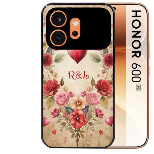 Coque noire pour HONOR 600 5G motif coeur vintage et initiales personnalisee