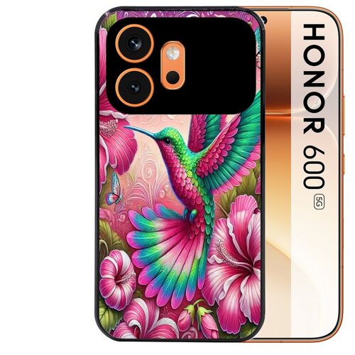 Coque noire pour HONOR 600 5G motif colibri et fleurs