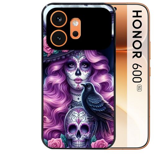 Coque noire pour HONOR 600 5G motif tete de mort calavera et corbeau