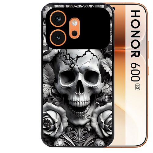 Coque noire pour HONOR 600 5G motif tete de mort fleur