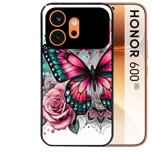 Coque noire pour HONOR 600 5G papillon rose