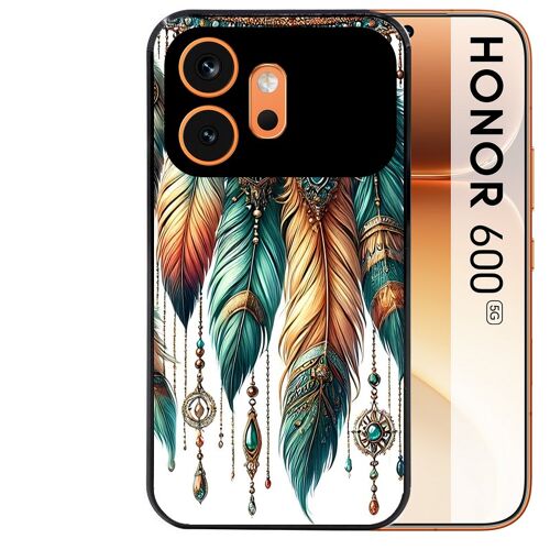 Coque noire pour HONOR 600 5G motif plumes et bijoux