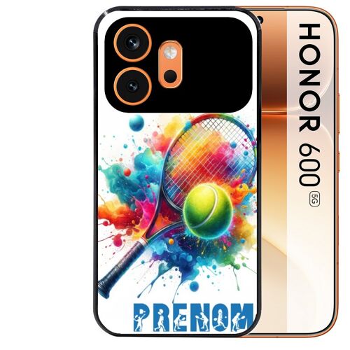 Coque noire pour HONOR 600 5G motif tennis raquette personnalisee