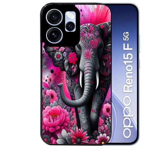 Coque noire pour RENO 15 F et 15 FS 5G motif elephant et fleurs