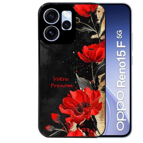 Coque noire pour RENO 15 F et 15 FS 5G motif fleur rouge avec prenom