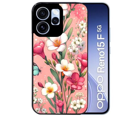 Coque noire pour RENO 15 F et 15 FS 5G fleur rose