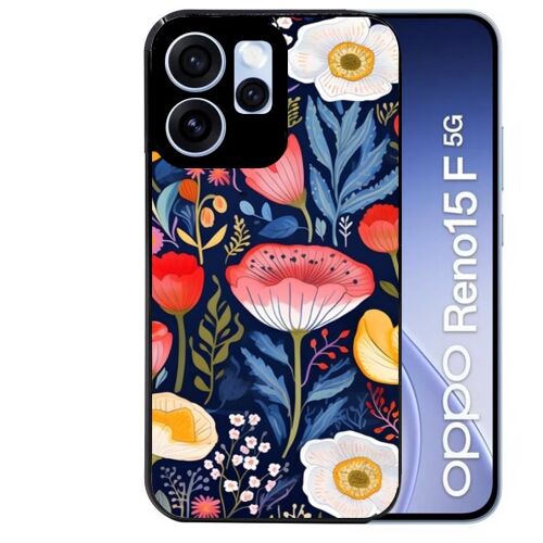 Coque noire pour RENO 15 F et 15 FS 5G fleur coquelicot