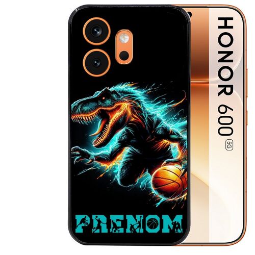 Coque noire pour HONOR 600 5G motif basket et dino personnalisee