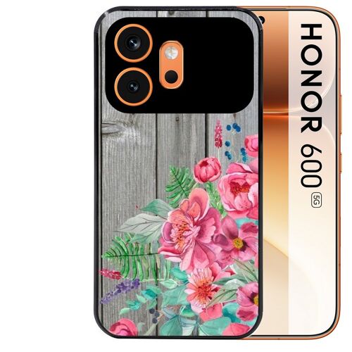 Coque noire pour HONOR 600 5G bois gris fleur rose