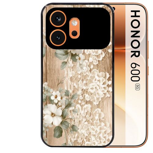 Coque noire pour HONOR 600 5G motif bois et dentelle 1