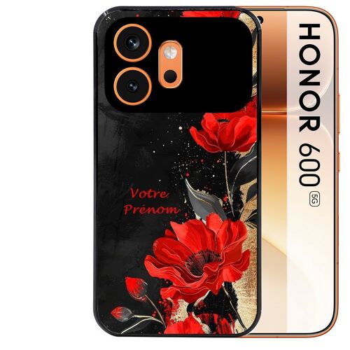 Coque noire pour HONOR 600 5G motif fleur rouge avec prenom