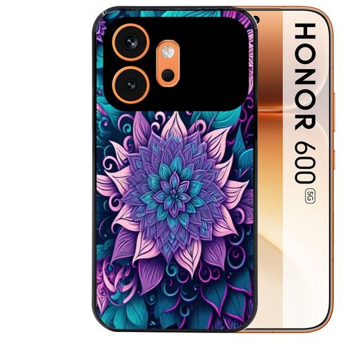 Coque noire pour HONOR 600 5G tropical mandala Fleur violet