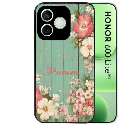 Coque noire pour HONOR 600 LITE motif bois et fleur prenom