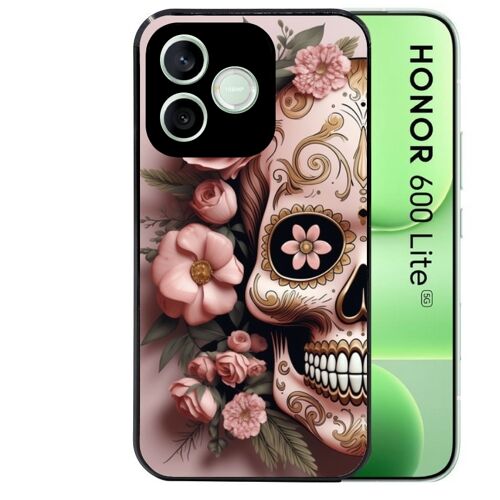 Coque noire pour HONOR 600 LITE tete de mort calavera rose