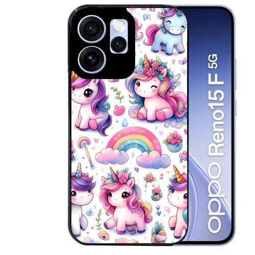 Coque noire pour RENO 15 F et 15 FS 5G motif licorne arc en ciel