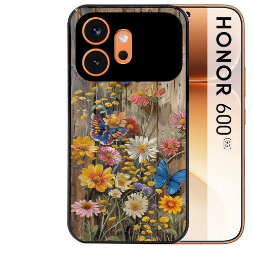 Coque noire pour HONOR 600 5G motif bois et papillon 1