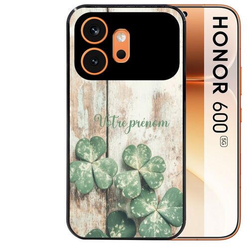Coque noire pour HONOR 600 5G motif bois et trefle personnalisee