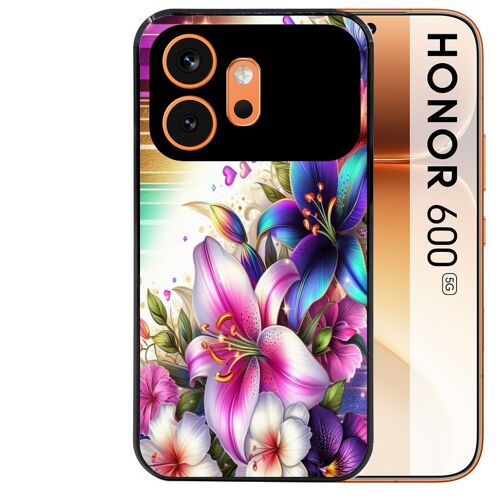 Coque noire pour HONOR 600 5G motif fleur fluo