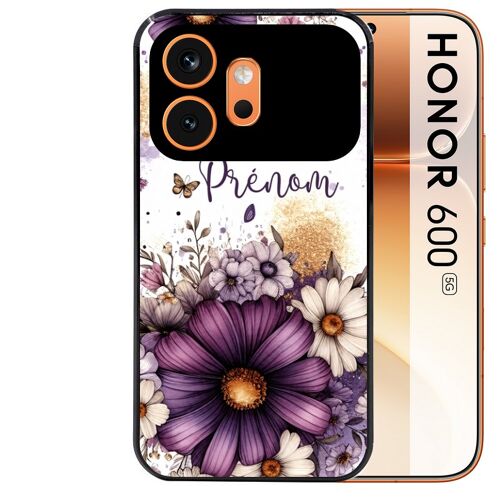 Coque noire pour HONOR 600 5G motif fleur violette