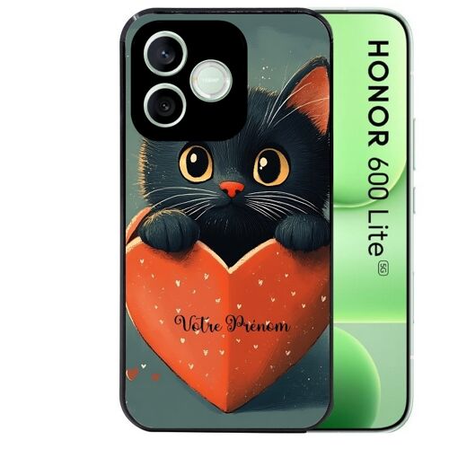 Coque noire pour HONOR 600 LITE motif chat et coeur prenom