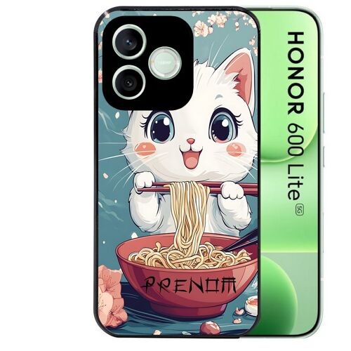 Coque noire pour HONOR 600 LITE motif chat ramen cerisier