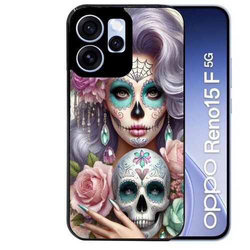 Coque noire pour RENO 15 F et 15 FS 5G tete de mort calavera bijoux