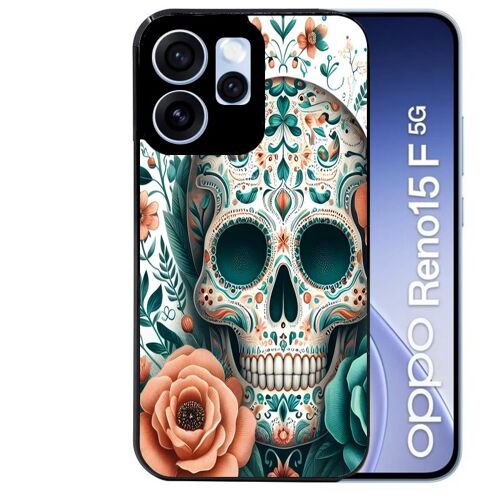 Coque noire pour RENO 15 F et 15 FS 5G motif mort mexicaine turquoise
