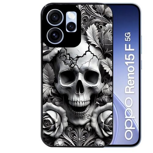Coque noire pour RENO 15 F et 15 FS 5G motif tete de mort fleur