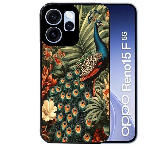 Coque noire pour RENO 15 F et 15 FS 5G motif paon tropical