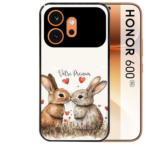 Coque noire pour HONOR 600 5G motif lapin coeur avec prenom