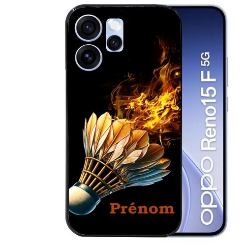 Coque noire pour RENO 15 F et 15 FS 5G motif badminton flamme personnalisee