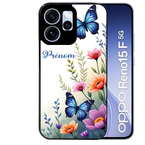 Coque noire pour RENO 15 F et 15 FS 5G motif papillon prenom personnalisee