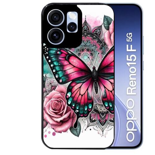 Coque noire pour RENO 15 F et 15 FS 5G papillon rose