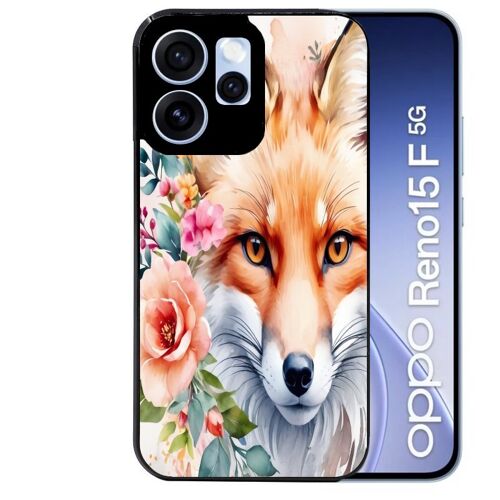 Coque noire pour RENO 15 F et 15 FS 5G motif renard fox et fleurs