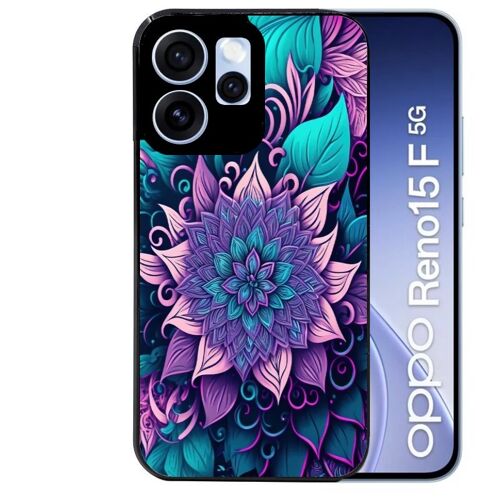 Coque noire pour RENO 15 F et 15 FS 5G tropical mandala Fleur violet