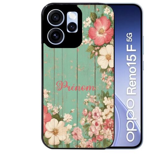 Coque noire pour RENO 15 F et 15 FS 5G motif bois et fleur prenom