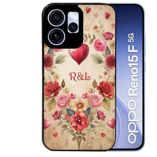 Coque noire pour RENO 15 F et 15 FS 5G motif coeur vintage et initiales personnalisee
