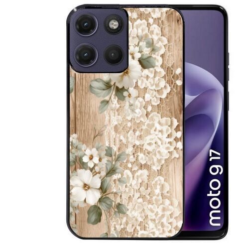 Coque noire pour MOTO G17 et G17 POWER motif bois et dentelle 1