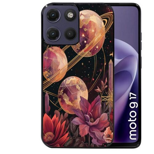 Coque noire pour MOTO G17 et G17 POWER motif astro et fleurs