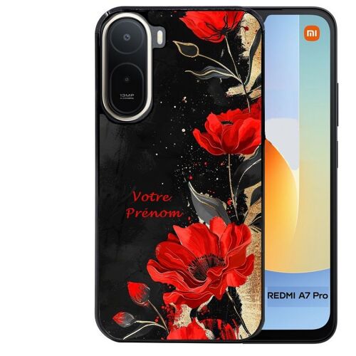 Coque noire pour Redmi A7 PRO motif fleur rouge avec prenom