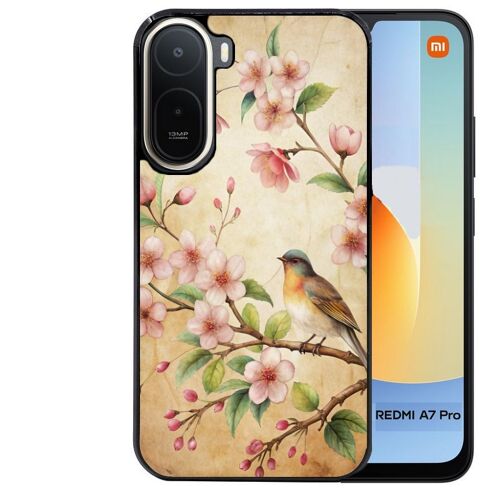 Coque noire pour Redmi A7 PRO motif fleur et colibri