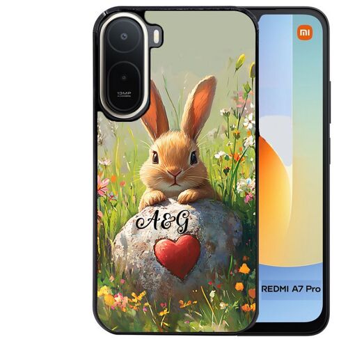 Coque noire pour Redmi A7 PRO motif lapin et fleurs personnalisee